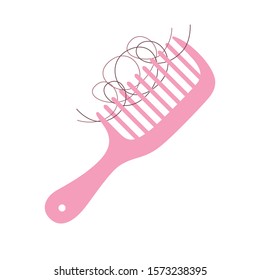 Pink comb hairbrush isolated flat vector icon, hair loss illustration.