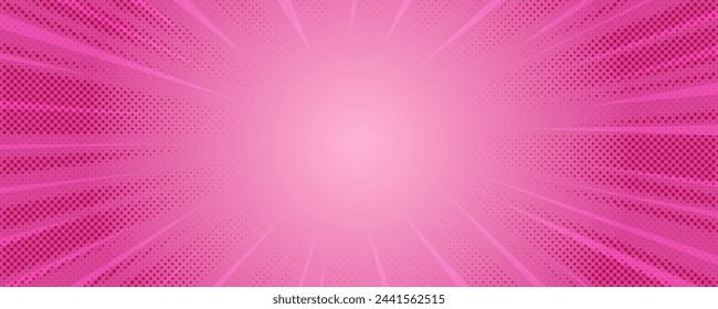 Pink comic background. Cartoon pop art burst rays pattern. Abstract radial texture frame with stars. Vector retro superhero explode with halftone effect.