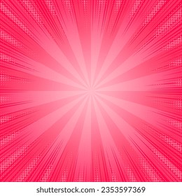 Pink comic background with sunburst and rays. Vector cartoon pattern. Abstract retro anime frame. Radial manga backdrop with halftone effect