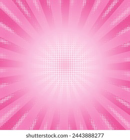 Pink comic background with sunburst and rays. Vector cartoon pattern. Abstract retro anime frame. Radial manga backdrop with halftone effect