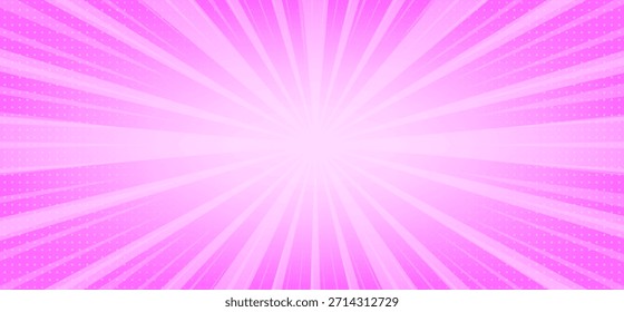 Fondo de estilo de cómic rosa con un patrón radial de rayos de sol y acentos de puntos de semitono