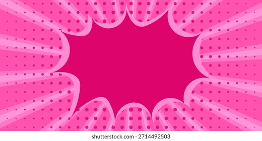 Fondo de ráfaga de cómic rosa con puntos de medio tono, marco de explosión de arte pop retro, perfecto para póster divertido, tema femenino, diseño para niños o efectos de dibujos animados vibrantes.