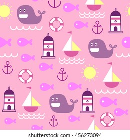 pink comic drawing nautical seamless pattern