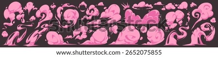 Pink comic smoke effects set - stylized cloud puffs, swirls, vapor trails and explosion bursts on dark background. Cartoon magical spells, fantasy transformations, kawaii action scenes in anime style.