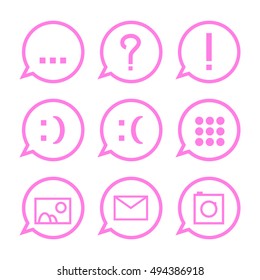 Pink communication icons in bubbles. Web messenger conversation icon set. Vector icons for social media chat. Message icon with question mark, explanation mark, smile, email, picture, photo