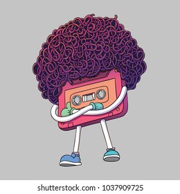 Pink Compact Cassette Tape Character. Mixtape Illustration. Super Afro Haircut Style. Thumbs Up Gesture. Pop Music 80s. Web Graphics, Banners, Advertisements, Stickers, Labels, T-shirt.