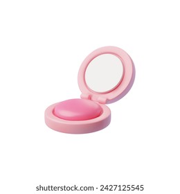 Pink compact powder with sponge and mirror. Vector 3D realistic beauty skincare face foundation, highlighter round plastic case isolated on white. Makeup beauty cosmetic product