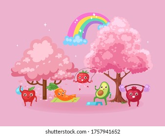 Pink composition fruits involved in sports, fresh food, diet fitness, healthy eating, design, cartoon style vector illustration. Funny, drawn fruits, vegetables, expression emotions, vegetarianism.