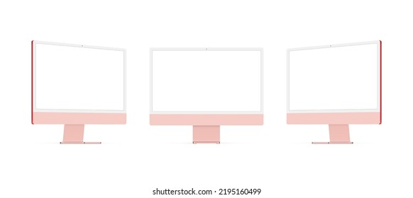 rosafarbene Computerbildschirme mit unscharfen Bildschirmen, Front- und Seitenansicht einzeln auf weißem Hintergrund. Vektorgrafik