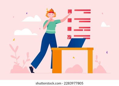 Pink concept online survey with people scene in the flat cartoon design. Manager summarizes the results of the survey on the Internet. Vector illustration.