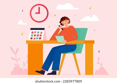 Pink concept planning with people scene in the flat cartoon style. Woman creates a list of things that need to be done in order to have time for everything. Vector illustration.