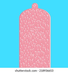 Pink condom on blue background with many sperm and spermatozoon inside it. Concept of safe sex 
