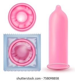 Condón rosa con embalaje. Ilustraciones vectoriales de condones de látex rosa en embalaje y sin ellos. Ilustración vectorial realista. Condones y paquetes sobre fondo blanco o transparente. 