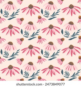 Pink coneflowers seamless pattern. Floral endless background. Purple echinacea flowerbud ornament. Happy summer rustic mood. Vector hand drawn illustration.
