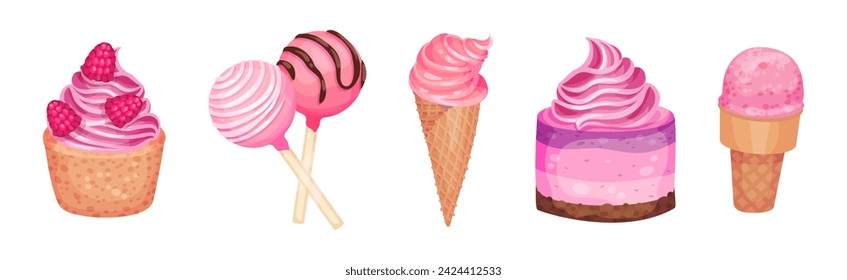 Pink Confectionery and Desserts with Cream Vector Set