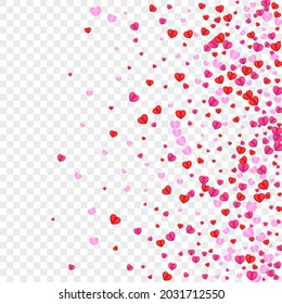 Pink Confetti Background Transparent Vector. Amour Backdrop Heart. Tender Drop Pattern. Red Heart Celebration Illustration. Violet Gift Frame.