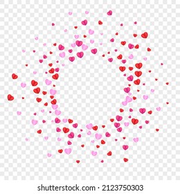 Pink Confetti Background Transparent Vector. Color Texture Heart. Fond Congratulation Frame. Red Heart Valentine Backdrop. Tender Banner Pattern.