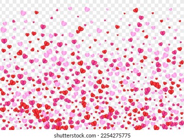 Pink Confetti Background Transparent Vector. Amour Backdrop Heart. Tender Drop Pattern. Red Heart Celebration Illustration. Violet Gift Frame.