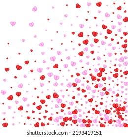 Vector blanco de fondo de confeti rosado. Caída Del Corazón De La Ilustración. Marco de color rojo. Decoración Tender Heart Backdrop. Patrón violento brillante.