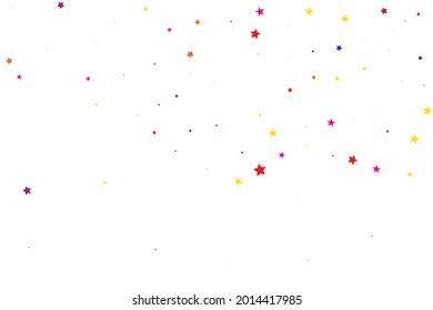 Pink Confetti Cosmos. Coral Starry Design. Purple Stars Symbol. Red Vector Sky. Yellow Pattern Poster. Blue Texture Space. Celebration Card. Party Space.