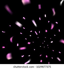 Pink confetti explosion celebration isolated on black background. Falling confetti. Abstract decoration party, birthday celebrate or Christmas, New Year confetti decor Vector illustration