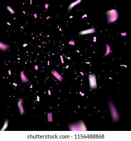 Pink confetti explosion celebration isolated on black background. Falling confetti. Abstract decoration party, birthday celebrate or Christmas, New Year confetti decor Vector illustration