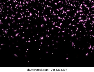 Pink confetti, falling paper ribbons isolated on dark background. Birthday party decoration. Vector illustration
