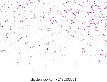 Pink confetti, falling paper ribbons isolated on white background. Birthday party decoration. Vector illustration.