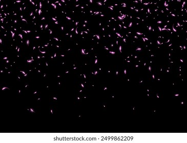 Pink confetti, falling paper ribbons isolated on dark background. Birthday party decoration. Vector illustration