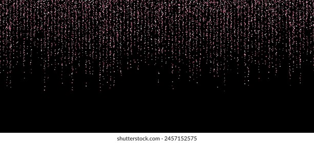 Guirnalda de confeti rosa sobre fondo oscuro. Brillo que cae y Fondo de pantalla brillante. Puntos brillantes rosas y rosas que repiten el patrón. Decoración mágica para Navidades. telón de fondo de Vector