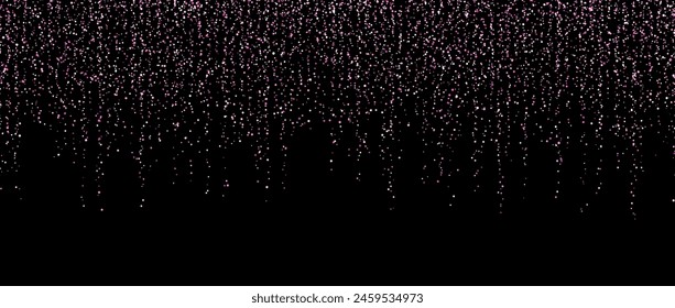 Pink confetti garland on dark background. Falling glitter and sparkle wallpaper. Pink and rose shining dots repeating pattern. Magic dust sparkling decoration for Christmas, New Year. Vector backdrop