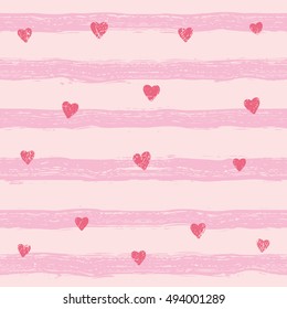 Pink confetti hearts on a striped background. Seamless pattern. Hand painted brush strokes.