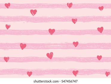 Pink confetti hearts on a striped background. Seamless pattern. Hand painted brush strokes.