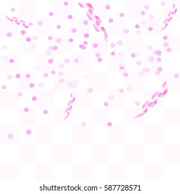 Pink Confetti And Ribbon Falling On Transparent Background. Vector