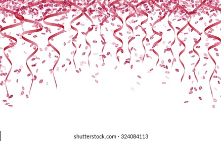 pink confetti and ribbons on white background