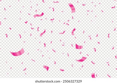 Pink Confetti. Vector Festive Illustration of Falling Shiny Confetti Isolated on Transparent Checkered Background. Holiday Decorative Tinsel Element for Design, Valentines Background With Many Falling