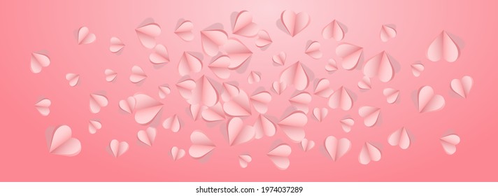 Pink Confetti Vector Pink Panoramic Backgound. Love Hearts Pattern. Burgundy Happy Papercut Design.