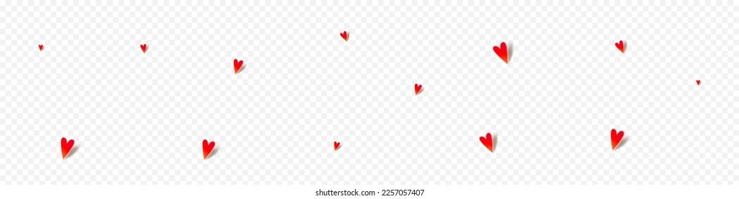 Pink Confetti Vector Panoramic Transparent Backgound. Cut Heart Texture. Red Paper Papercut Frame.