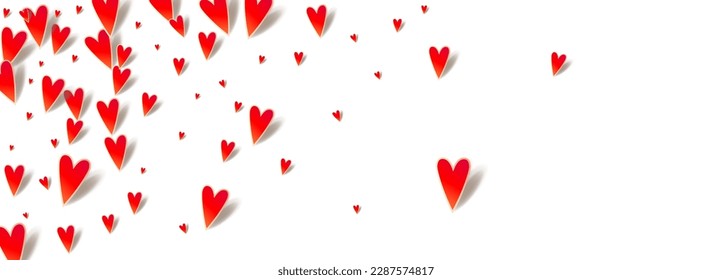 Pink Confetti Vector Panoramic White Backgound. Romance Papercut Design. Burgundy Visual Hearts Card.