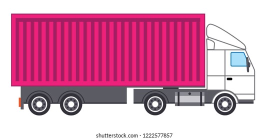 Pink container on white truck vector art. Pink truck template. Cargo van Vector illustration EPS 10 isolated on white background. City commercial vehicle delivery.