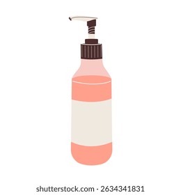 Pink container pump for shampoo, body gel, liquid soap, cream, cosmetic skin care products. Cosmetic bottle, isolated on a white background. Flat vector illustration.