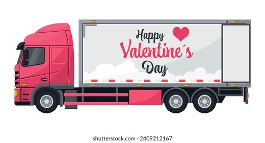 Pink container truck with Happy Valentine's Day text . Logistics campaign for loading and shipping high-demand merchandise for Valentine's Day