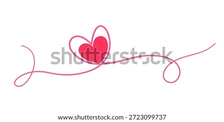A pink continuous line drawing of Red hearts and colorful symbols of love. Romantic symbols in a simple, straight-line style. Outlines are adjustable. Doodle vector illustration.Valentines day card concept.