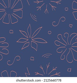 Pink contour flowers pattern on blue background 