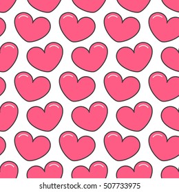 Pink contour heart Seamless Pattern. Wrapping paper, textile template. White background. Flat design. Vector illustration.