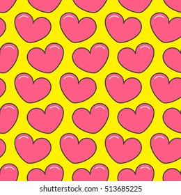 Pink contour heart Seamless Pattern. Wrapping paper, textile template. Yellow background. Flat design. Vector illustration.