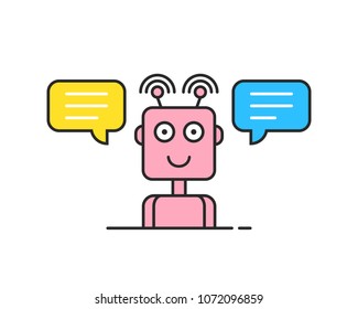 pink contour support chatbot logo. concept of web chatterbot character for store website for interaction technology. flat cartoon robo or cyborg logotype graphic linear art design isolated on white