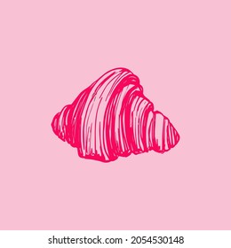 Pink contoured croissant vector illustration. Traditional french pastry isolated on the light pink background. Sweet tasty elegant morning french breakfast. Traditional bakery.