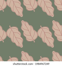 Pink contoured oak leaves seamless doodle pattern. Grey background. Vintage foliage ornament. Vector illustration for seasonal textile prints, fabric, banners, backdrops and wallpapers.