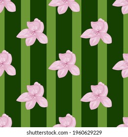 Pink contoured orchid flowers seamless botanic pattern. Green striped background. Floral backdrop. Vector illustration for seasonal textile prints, fabric, banners, backdrops and wallpapers.